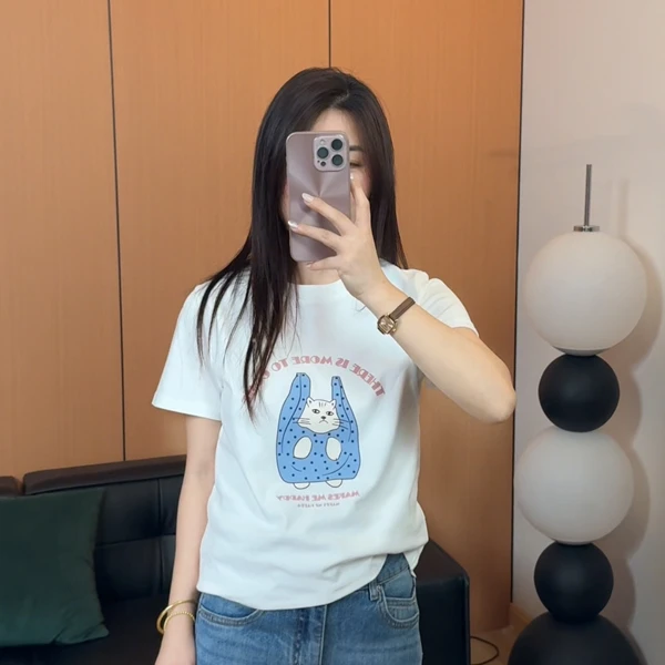 卡通猫咪印花圆领正肩短袖T恤女2025春夏新款百搭洋气打底上衣潮