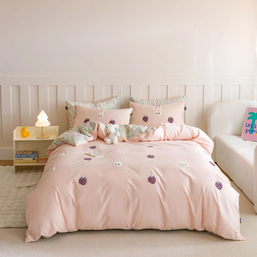 美玲 葡萄小兔 全棉水洗棉大版刺绣三件套四件套可爱绣花韩版