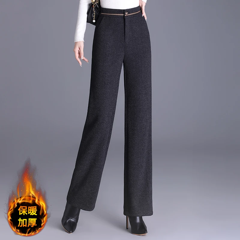 艾格休闲阔腿裤女2025年秋冬季加绒加厚新款高腰后松紧直筒裤子