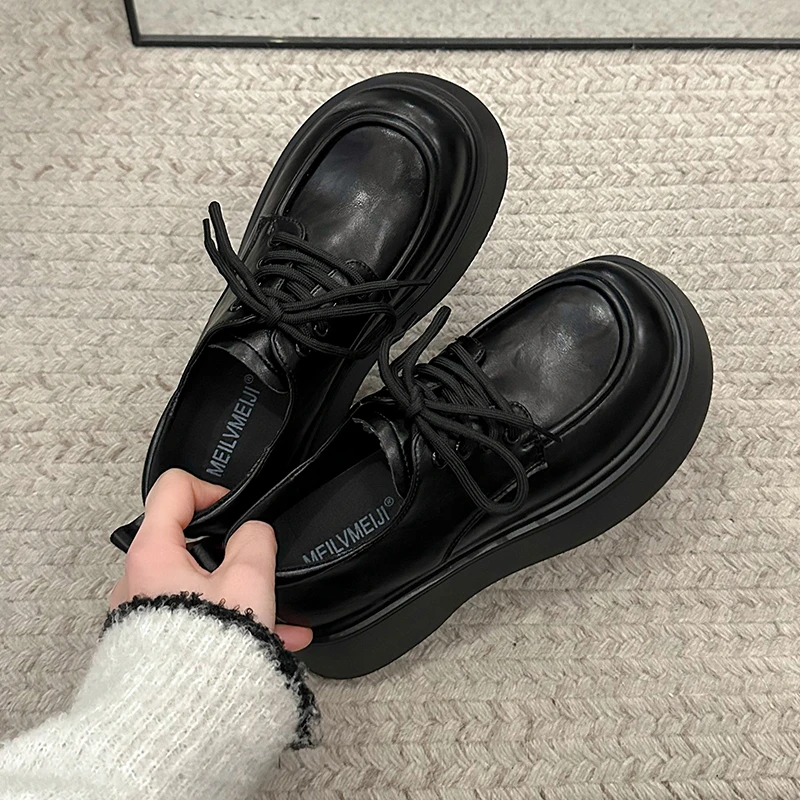 黑色松糕厚底大头小皮鞋女2025夏秋新款日系复古英伦风增高jk单鞋