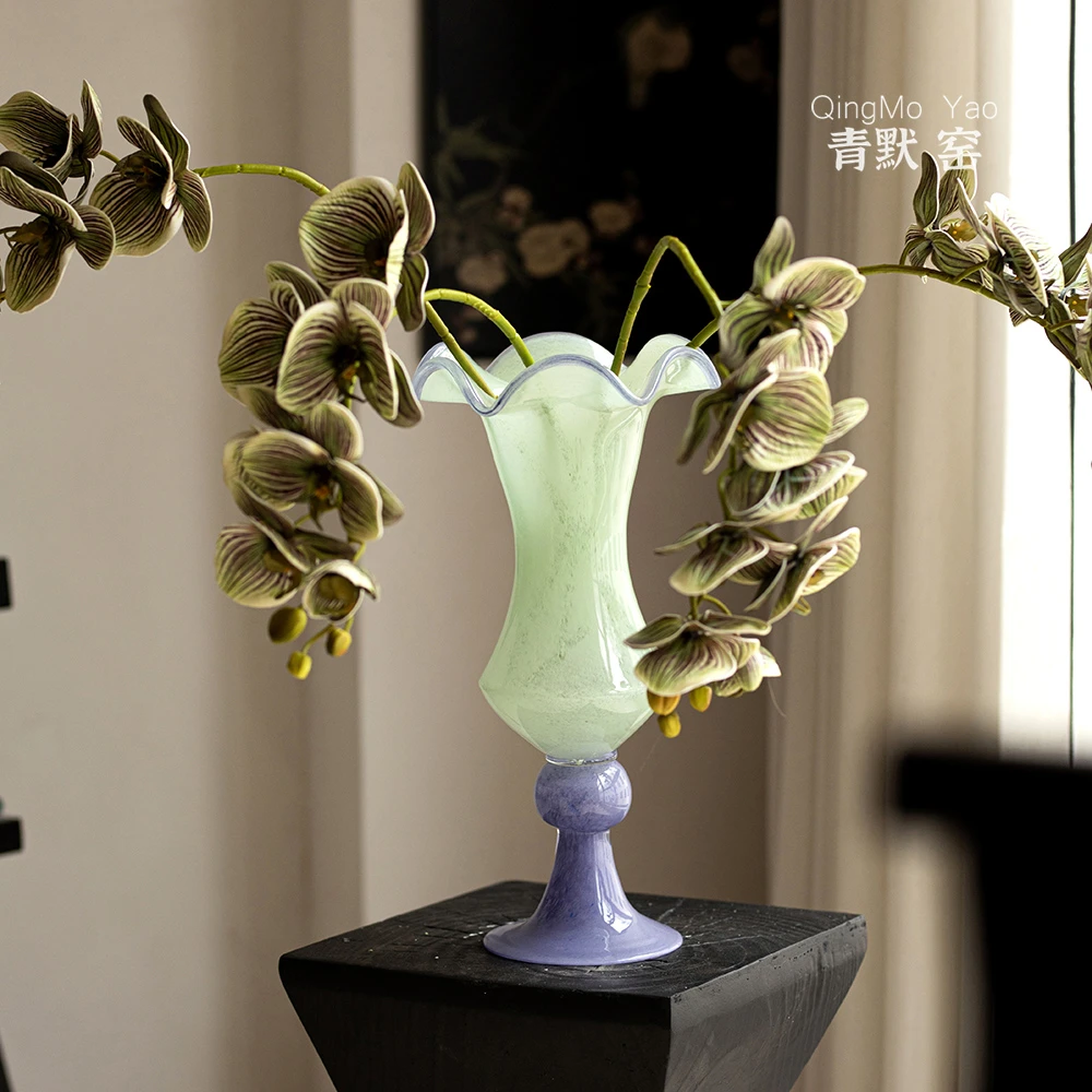 青默窑新中式简约复古高脚长颈铃兰风灯玻璃花瓶高级感水培插花瓶