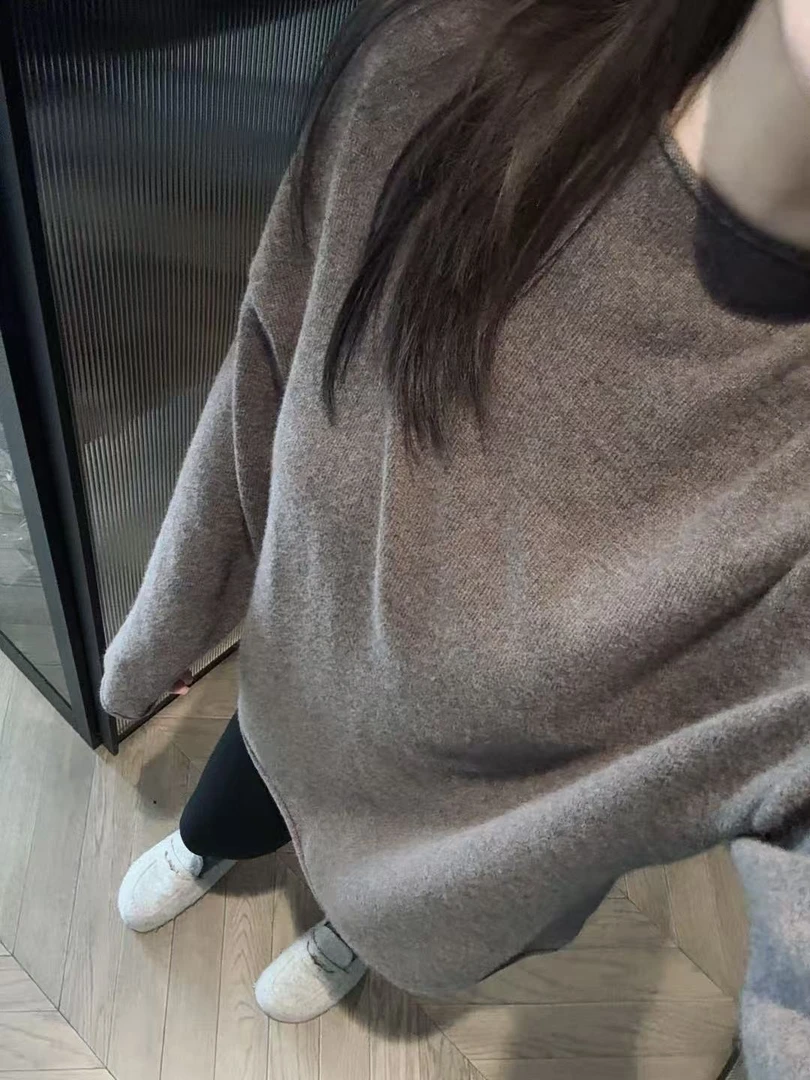 圆领卷边羊绒羊毛衫 棕色暖糯亲肤中长款叠穿百搭I7836