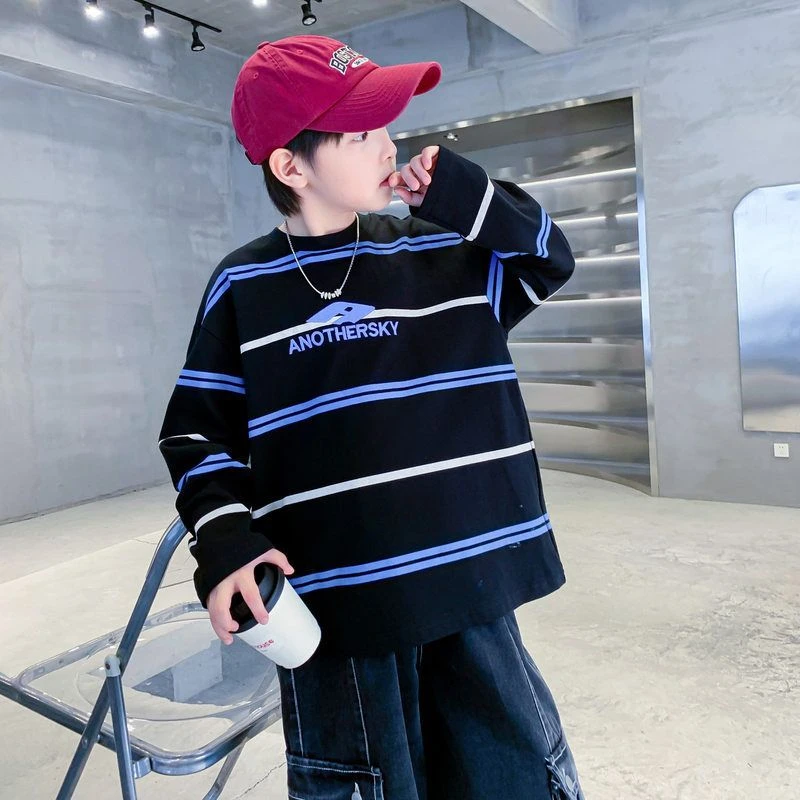 纯棉运动薄t恤新款长袖条纹上衣男童青少年儿童2025秋季宽松韩范