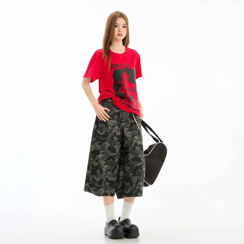 2025夏天上新新款迷彩印花高腰宽松七分裤阔腿休闲裤阔腿裤夏季女