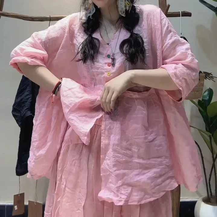 宽松休闲时尚百搭显瘦大版印花苎麻上衣