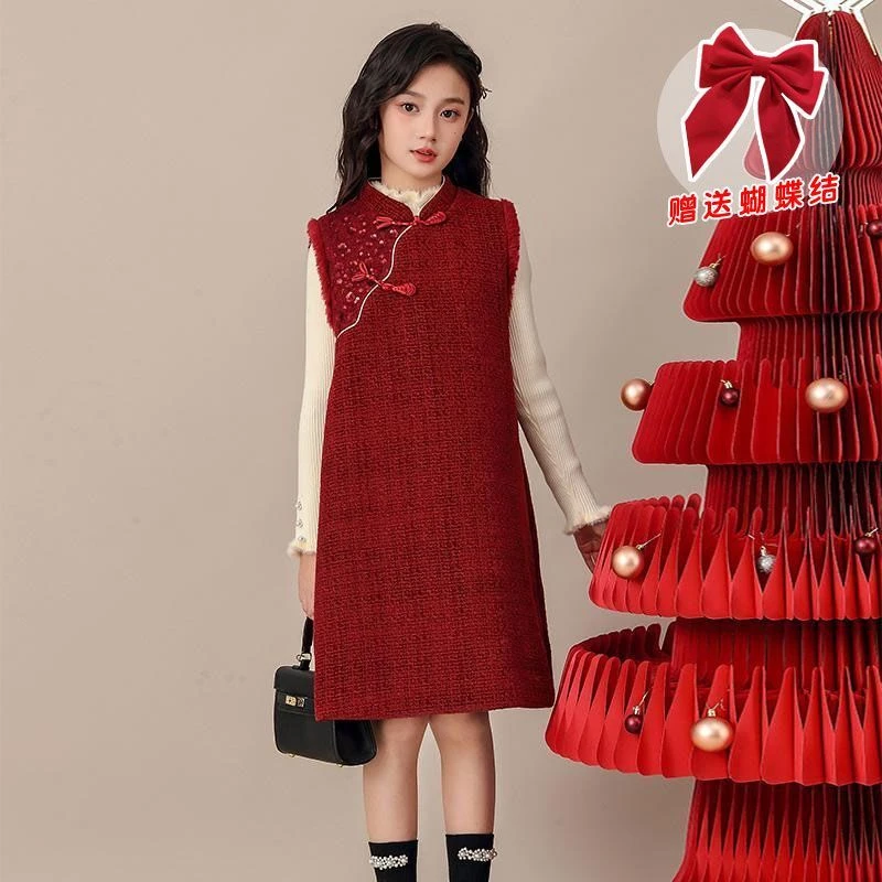 女童套装2025新款冬季儿童秋冬款红色加绒旗袍连衣裙冬装大童童装