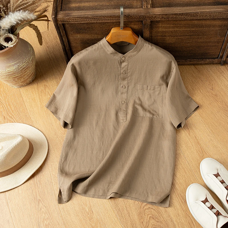 啄木鸟夏季新款男士亚麻短袖T恤休闲简约宽松透气薄款立领半袖男