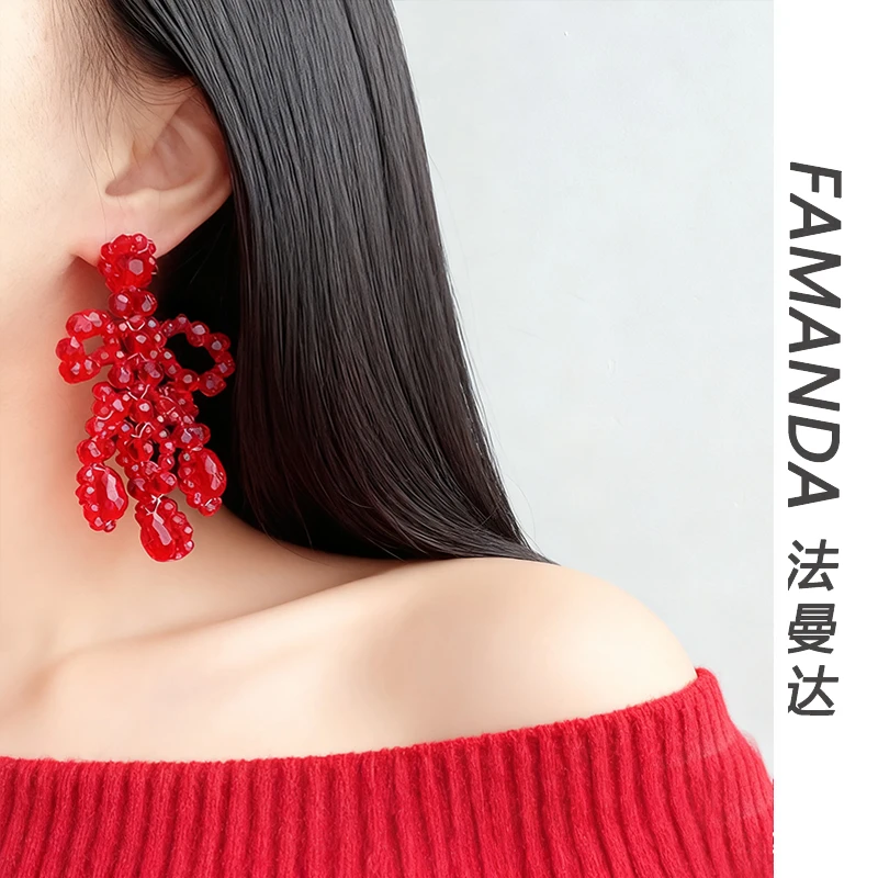 法曼达 铜合金仿水晶耳饰 【新中式女神】中国结红色精致长款耳环
