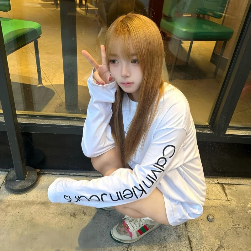 【美版正品CK正版】印花字母长袖常规圆领青少年宽松T恤时尚上衣