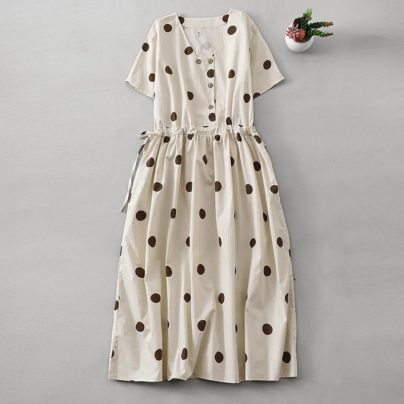 2025春夏法国外贸单大码收腰显瘦a字裙日系简约波点连衣裙女937
