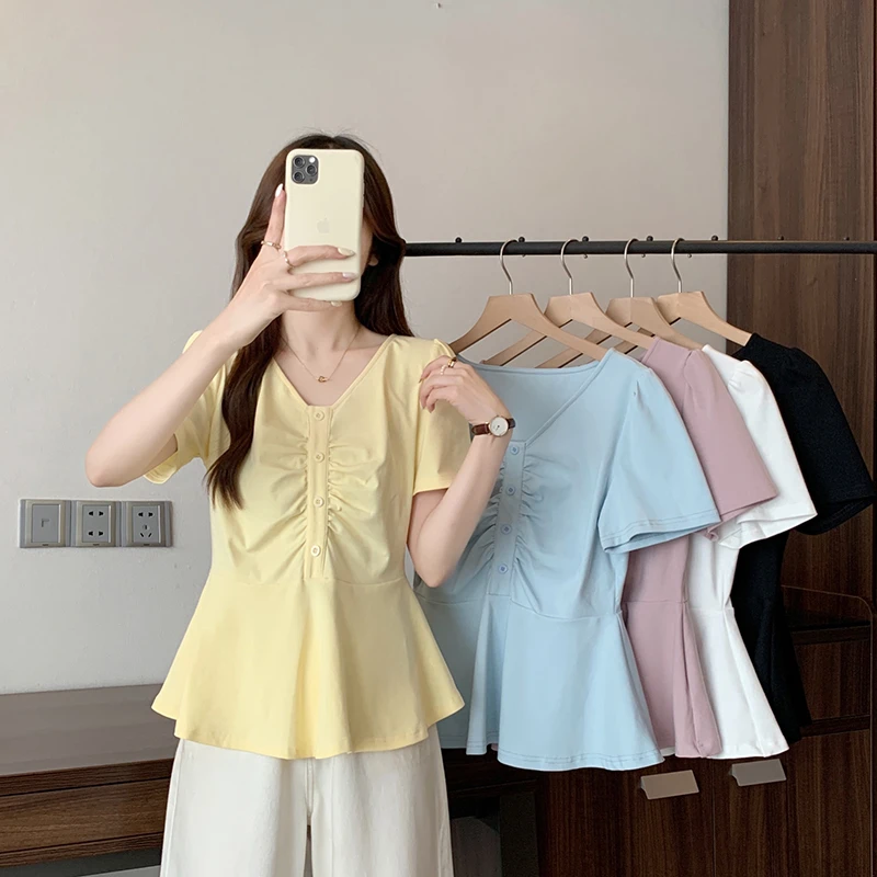 夏装新款胖mm大码女韩系时尚v领拼接荷叶花边别致短袖T恤