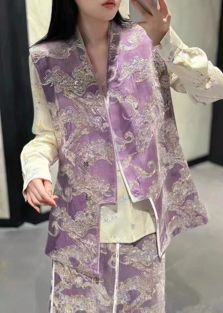 玛薇丝【银紫云】紫底银花重工立体掐丝绣新中式马夹