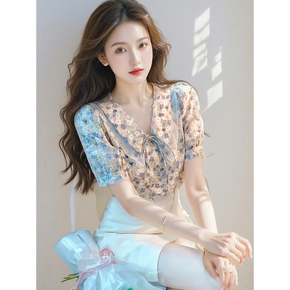 上衣仙女衬衫短袖小衫女2025夏季新款碎花娃娃领蝴蝶结雪纺衫显瘦