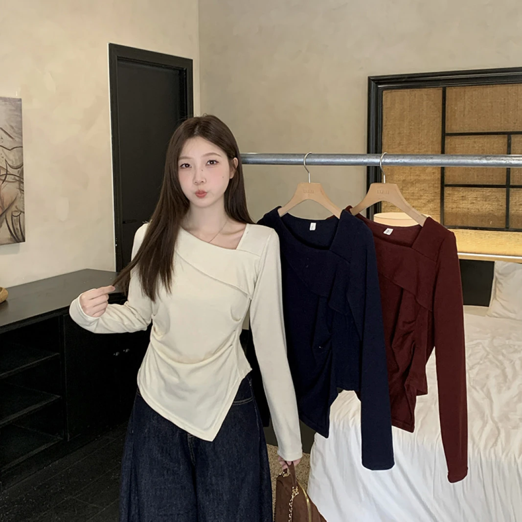 实拍2025秋装新款胖mm大码女时尚设计感斜领不规则修身长袖体恤