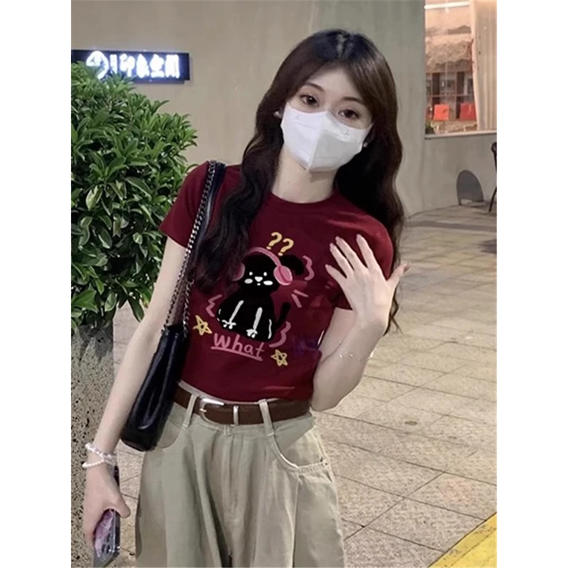 美式酒红色短袖T恤女短款2025夏季新款纯欲复古辣妹紧身上衣女潮