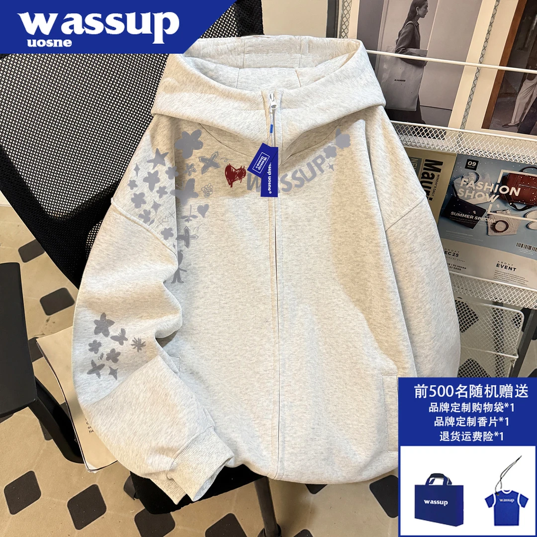 WASSUP UOSNE重磅大码开衫外套男生秋季百搭网红洋气炸街硬挺帽衫