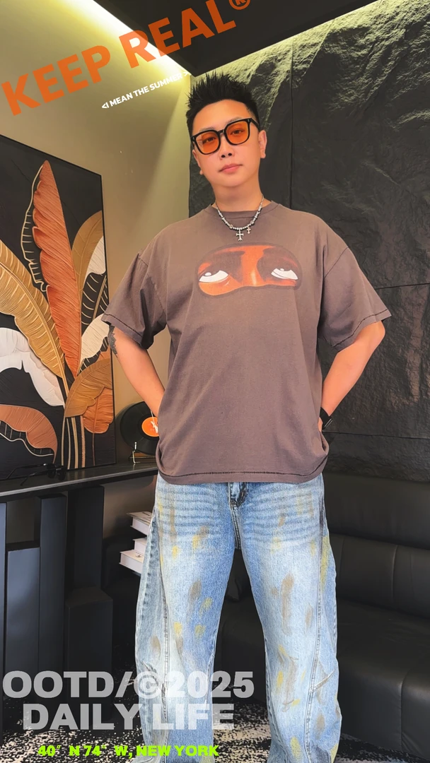 【A57】（眼睛图案ST105-洗水灰）短袖T桖