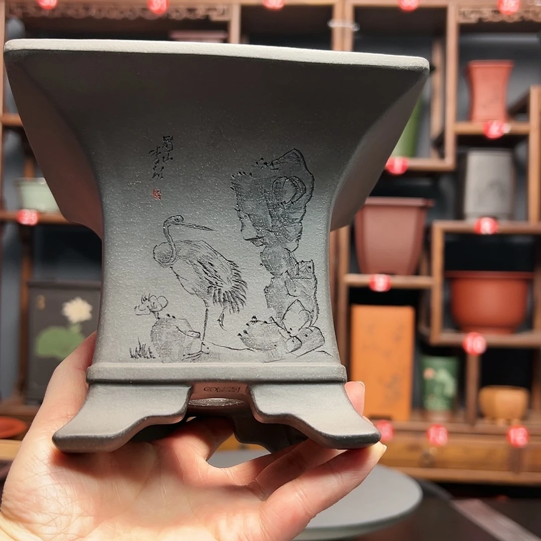 紫砂花盆?****毅刻绘四方