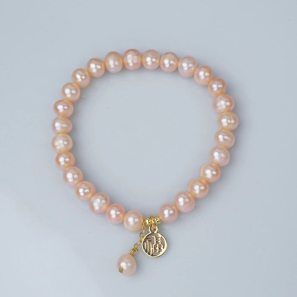 5.5-6mm天然淡水无核珍珠香槟色福牌淡水珍珠手链0594