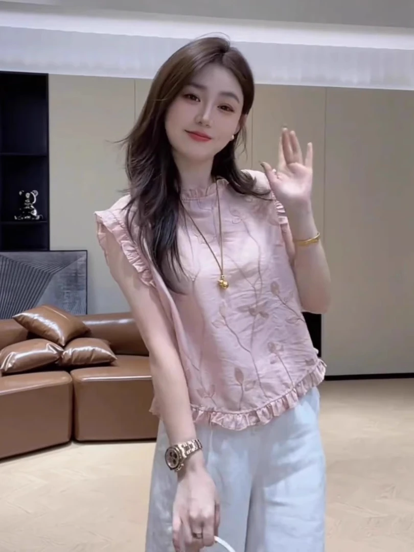 微透夏季流行穿搭新款2025甜美风减龄无袖时尚百搭显瘦绣花衬衣