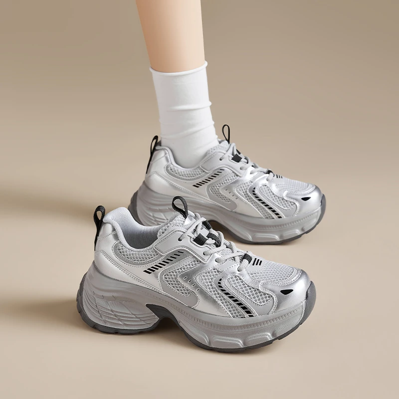 奥古狮登银色老爹鞋2025新款春夏女厚底增高网面百搭运动鞋A