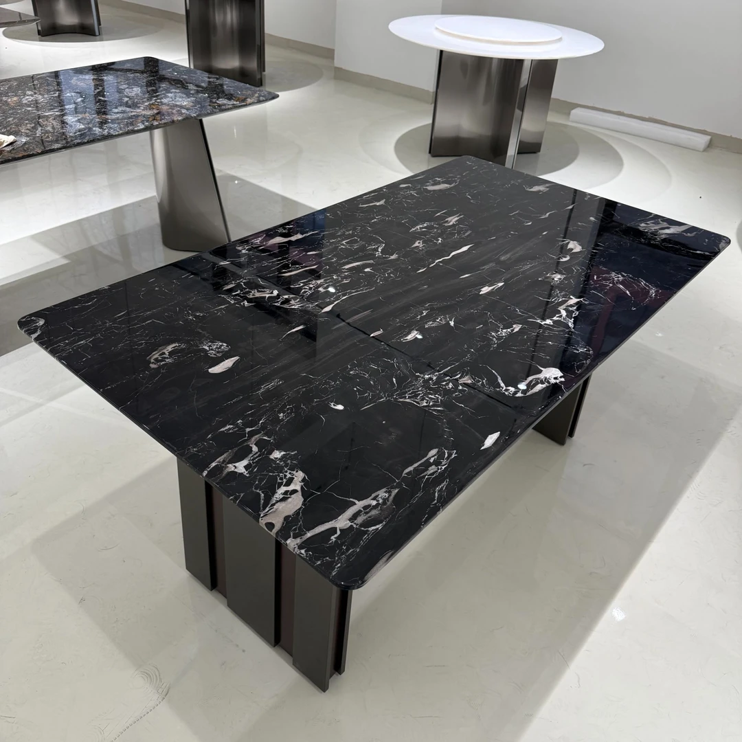 天然银白龙大理石方形餐桌轻奢高端可定制别墅大平层奢石餐桌