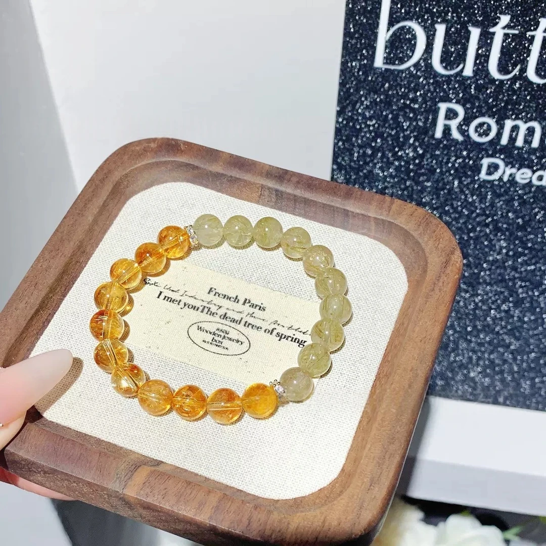 多金【黄水晶金发晶】天然水晶手串女款轻奢时尚百搭素圈黄色单圈