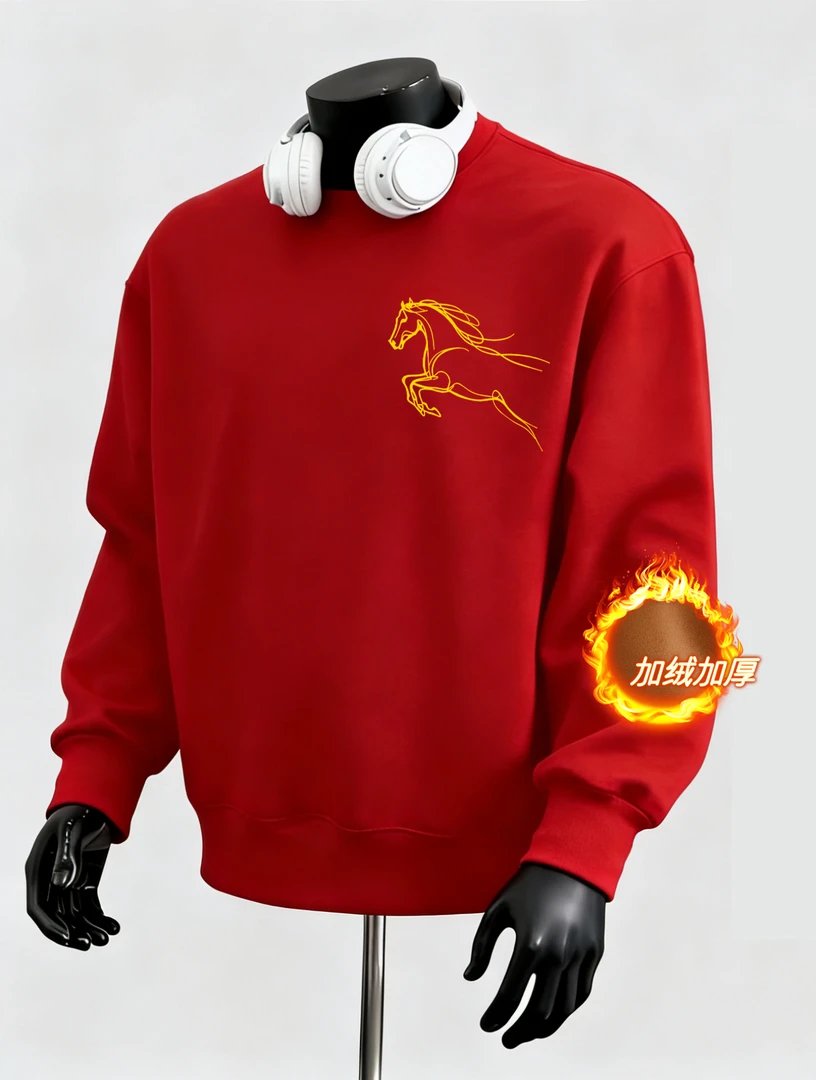 2026新款男士红色加绒卫衣本命年马到成功国潮秋冬保暖打底衫外套