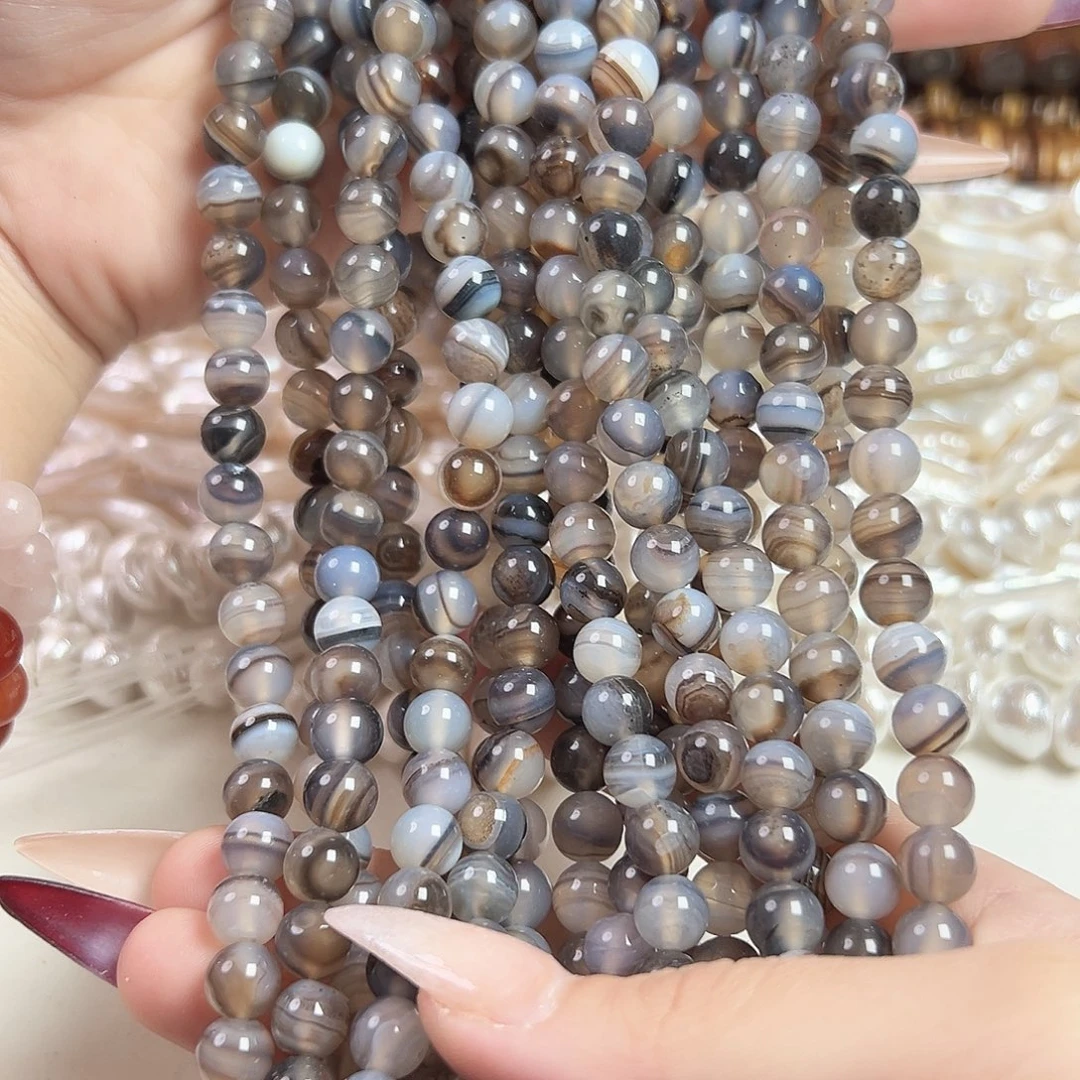 玛瑙/玉髓合金珠宝半成品a302 8m 天然烟灰蚕丝玛瑙一条