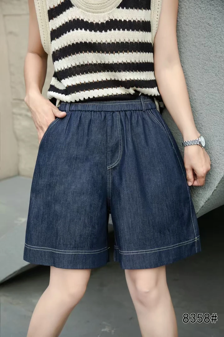 8358薄款休闲纯色夏季外穿阔腿裤牛仔高腰五分裤短裤