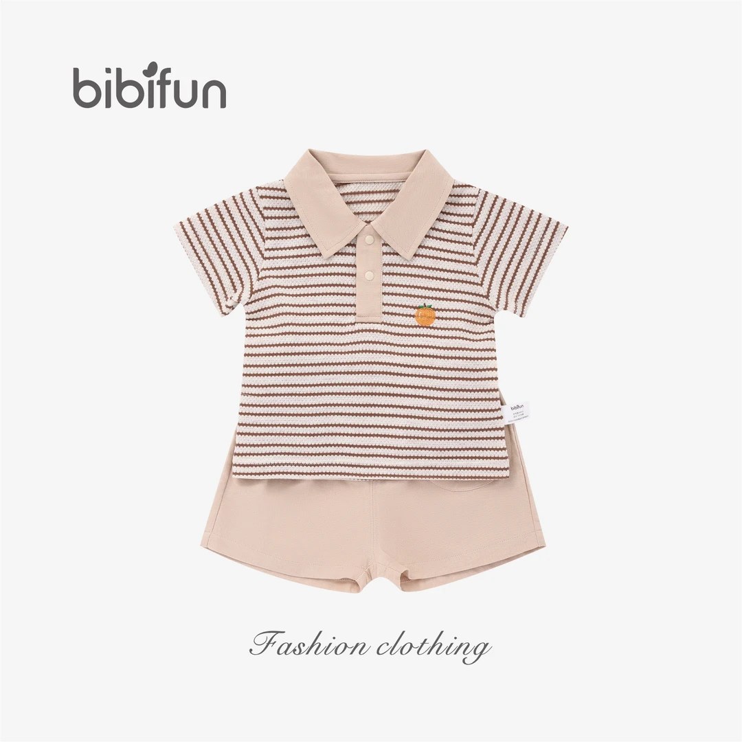 婴悦家旗下品牌BBF夏季时尚舒适男宝果味夏日条纹翻领套装X97361B