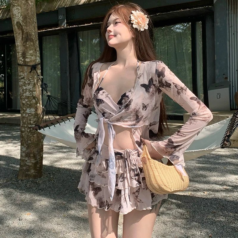 女士分体裙式泳衣罩衫显瘦遮肉适合沙滩温泉度假蕾丝碎花泳装性感