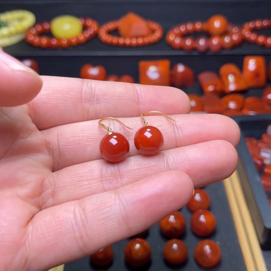 南红玛瑙耳饰18K金镶嵌原矿瓦西精品耳饰