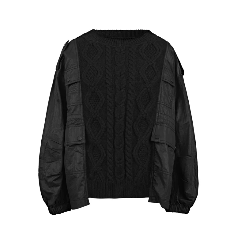 sdeer圣迪奥女装时尚休闲罗纹圆领钩花拼接宽松卫衣外套S21482221