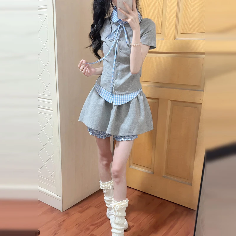 夏日韩系假两件灰色格子连衣裙子女夏季高级感学院风短裙套装2986