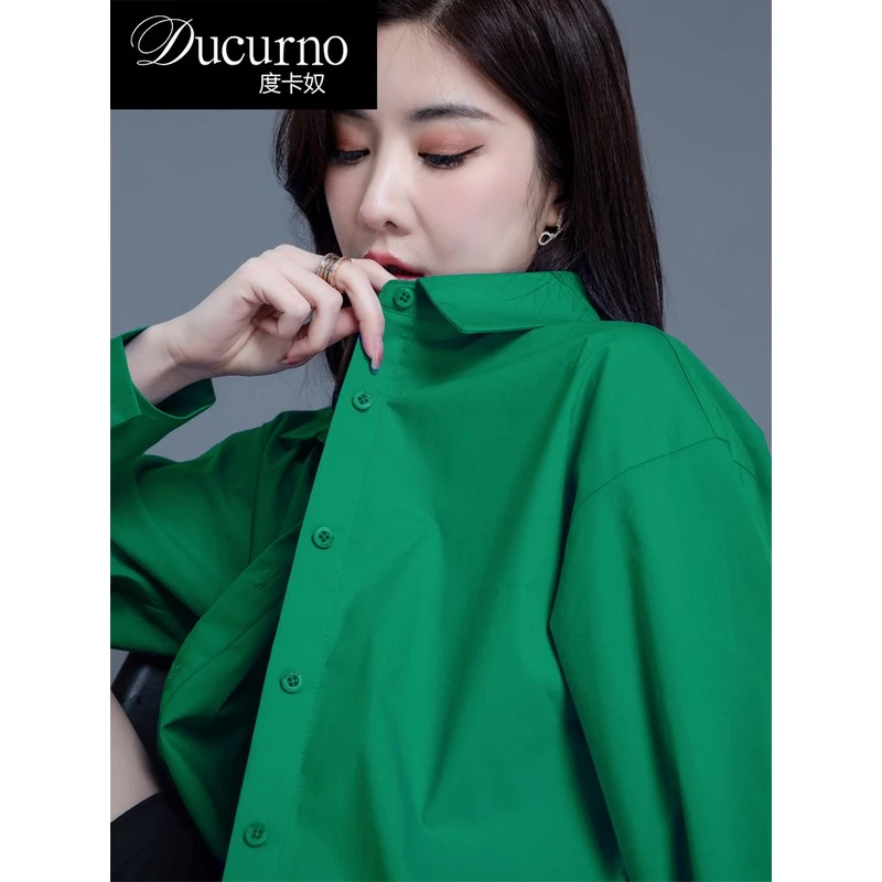 绿色衬衫女2025新款春秋季打底洋派衬衫女休闲长袖高级感上衣外套