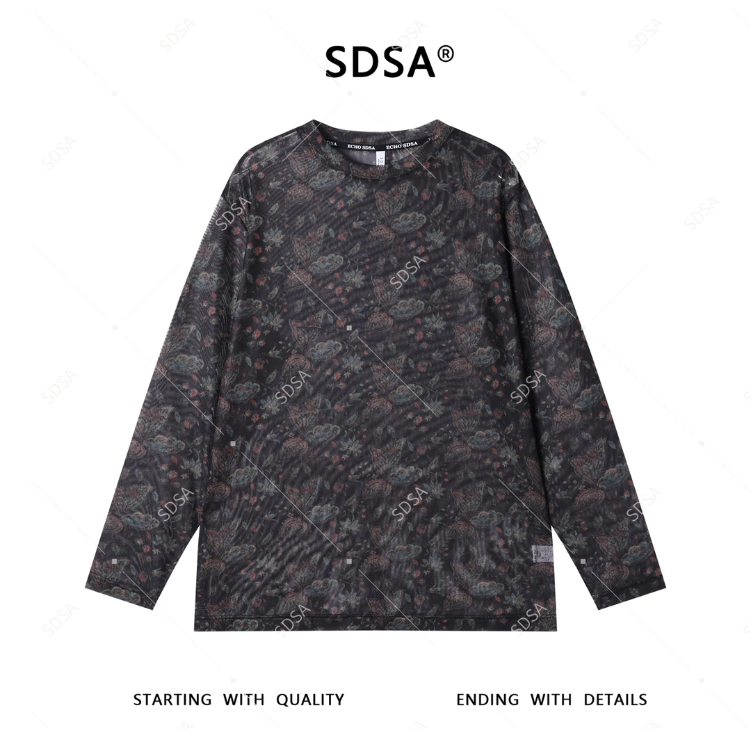 SDSA秋季新款男士痞帅潮牌彩色花卉图案圆领长袖T恤小众设计百搭