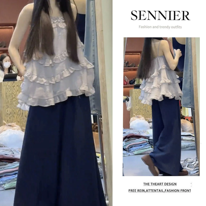 【现货】今年流行穿搭2025夏季新款设计感花边吊带宽松阔腿裤两件套