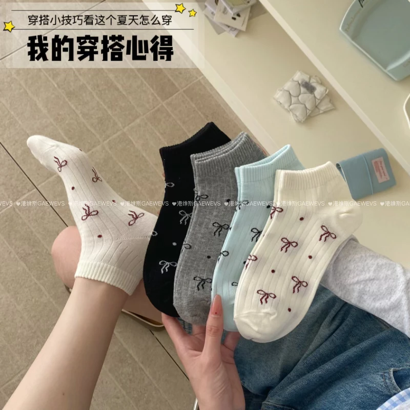 港维斯春夏集波点蝴蝶结短袜 甜美少女可爱风透气柔软休闲百搭