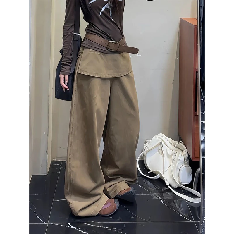 美式复古卡其色直筒阔腿裤女装秋季2025新款辣妹高腰设计休闲裤子