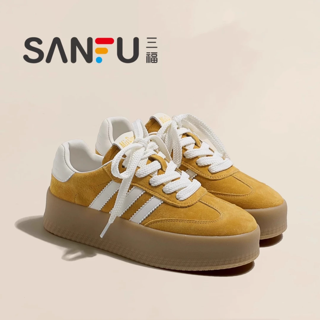 三福厚底增高黄色德训鞋女2024新款秋季运动阿甘鞋百搭休闲板鞋子