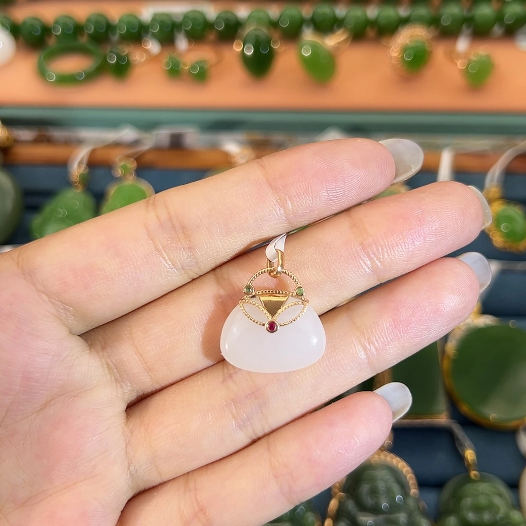 和田玉（白玉）18K金镶嵌吊坠(不含链)