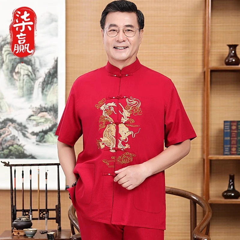 夏季薄款唐装男中老年长袖爸爸夏装中国风休闲服装中式汉服爷爷装