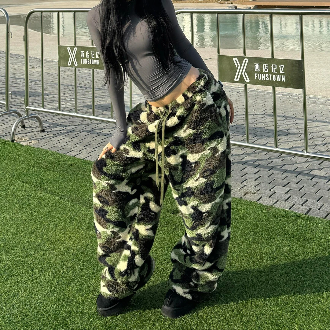 厚款双面法兰绒抽绳阔腿裤子女冬季超好看酷飒美式宽松保暖休闲裤