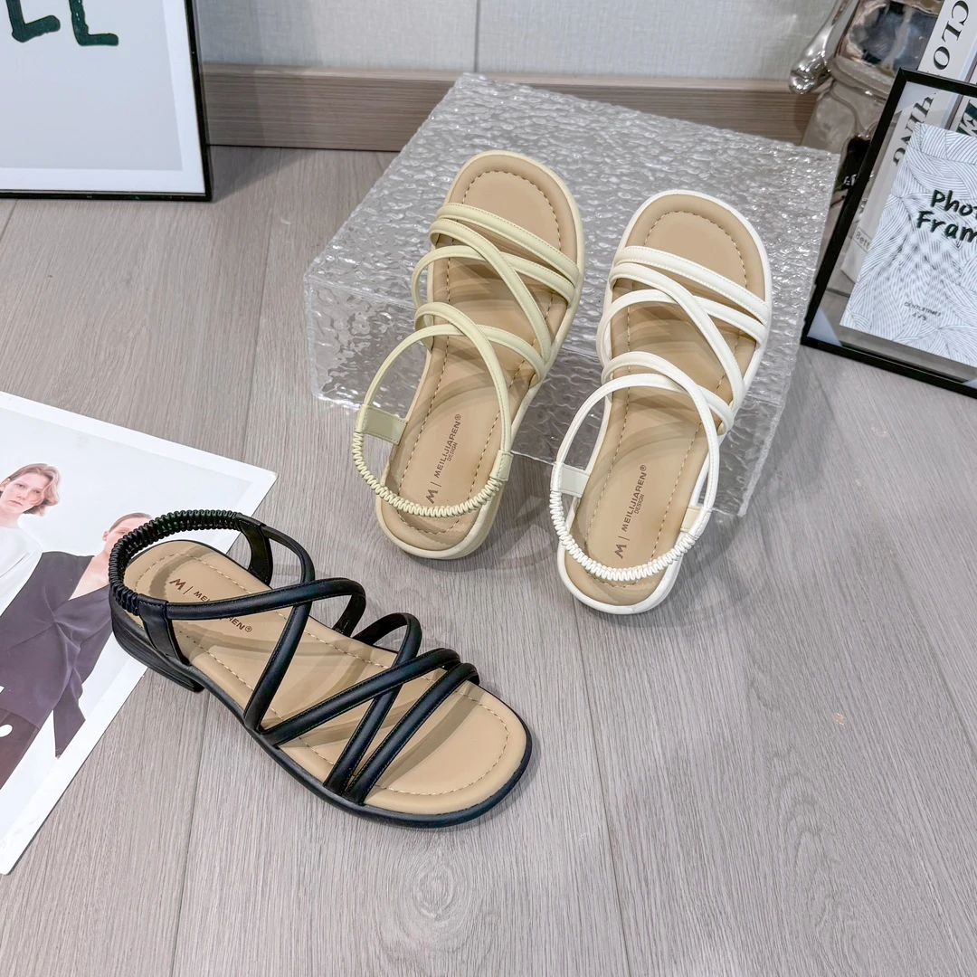 耐磨镂空法式圆头夏季平底一字拖方头凉拖鞋度假风6262-2#