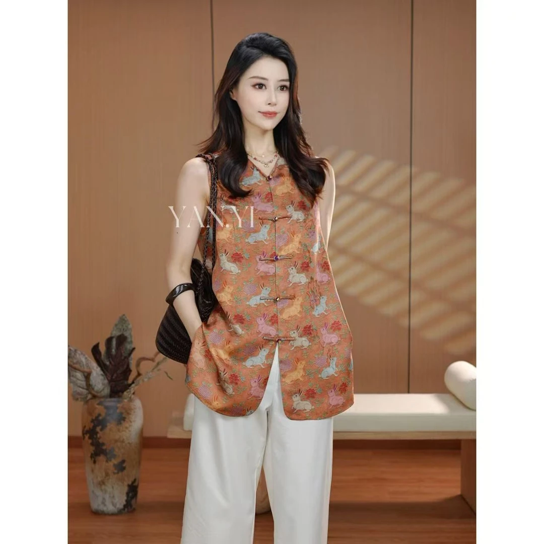 YAN.YI【玉兔呈祥】国潮夏季38姆米香云纱无袖上衣HF-870744