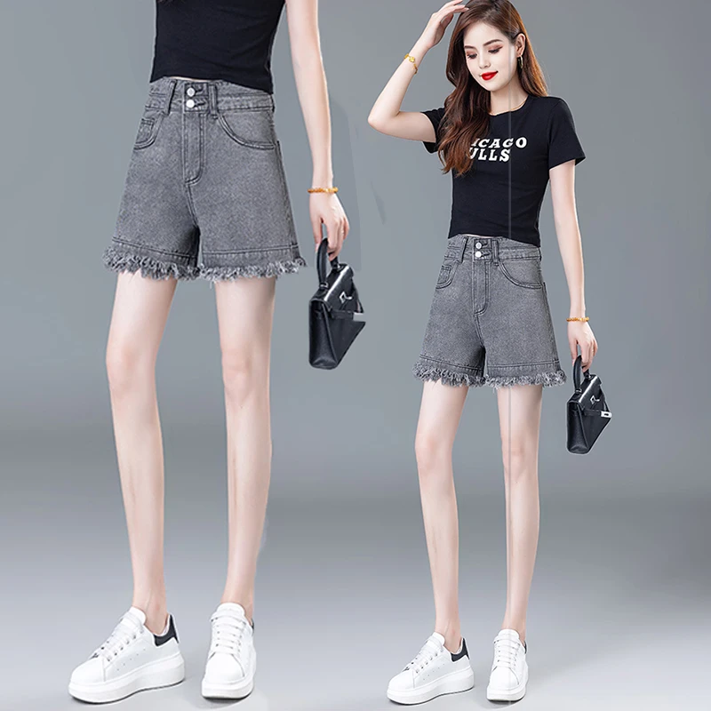 时尚毛边阔腿热裤2025年新款烟灰牛仔短裤女夏季薄款时尚小个子