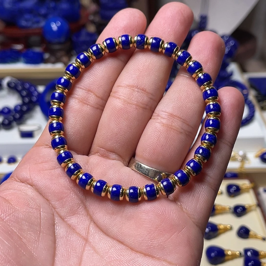 青金石银S925镀金镶嵌6mm金盾手串（可拆扭）