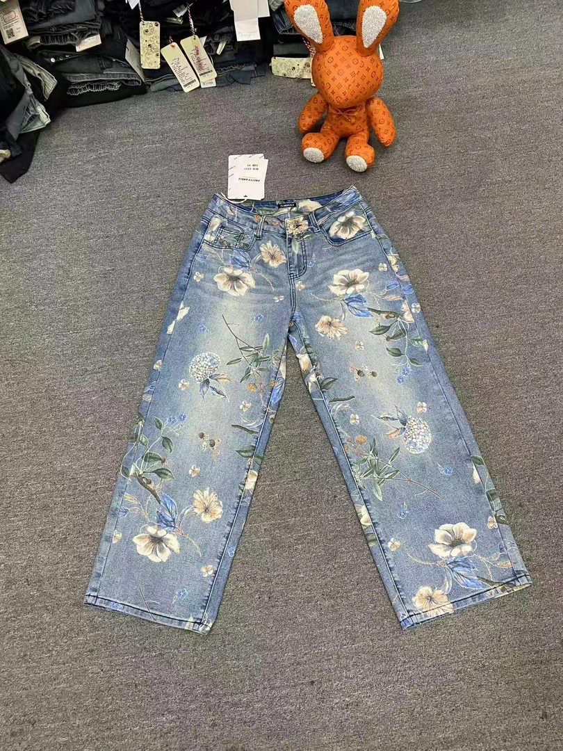 6555 弹力国风复古印花九分裤