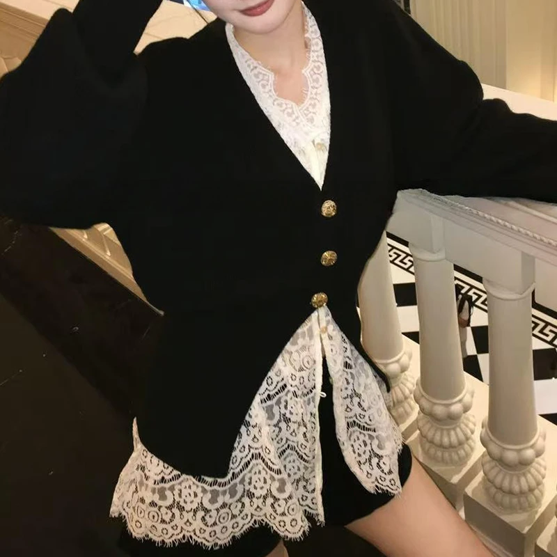 2025早秋款时尚百搭套装女潮流宽松开衫+纯欲蕾丝两件套女生